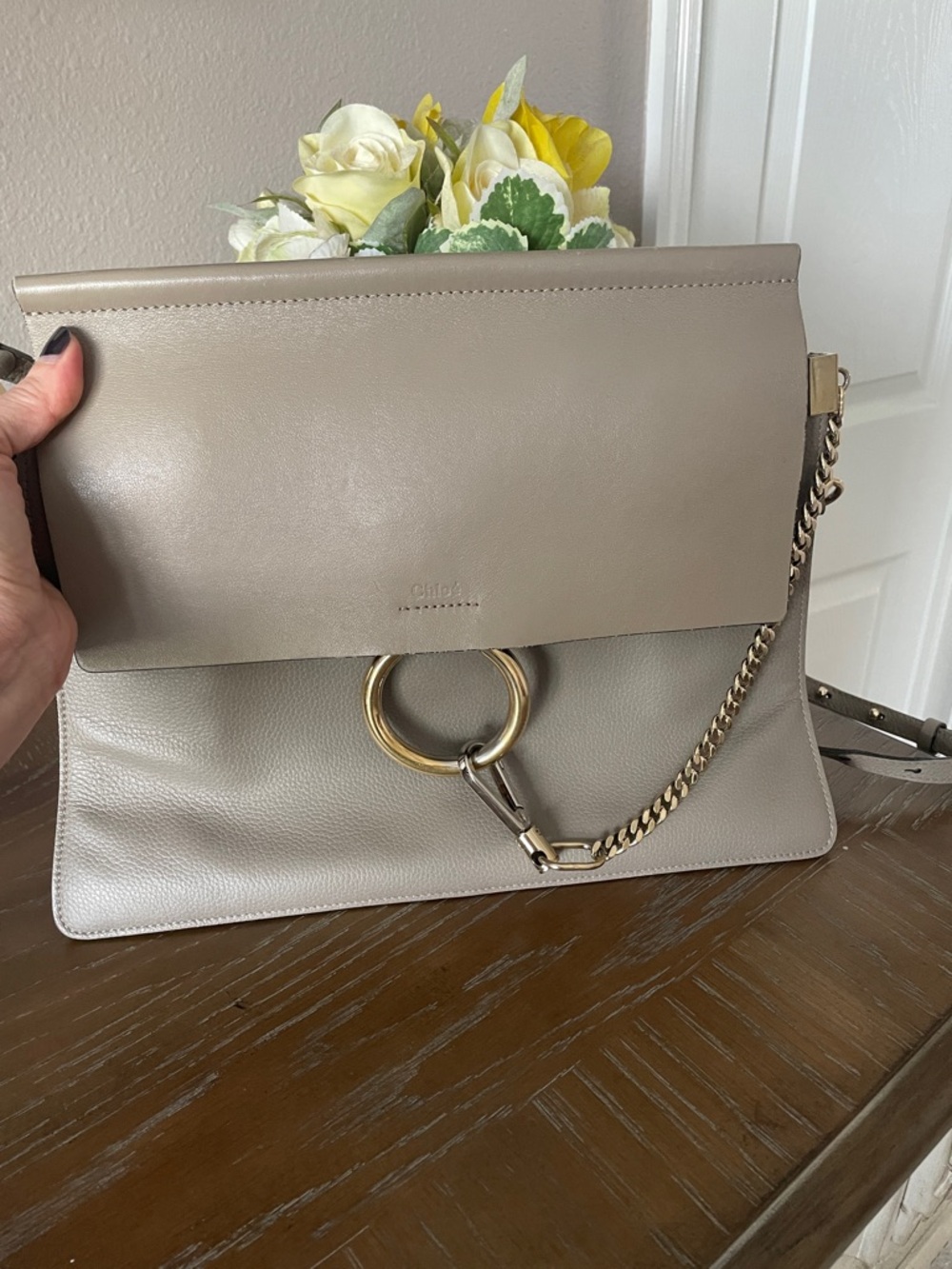 Chloe Faye Medium Leather Shoulder Bag in Taupe
